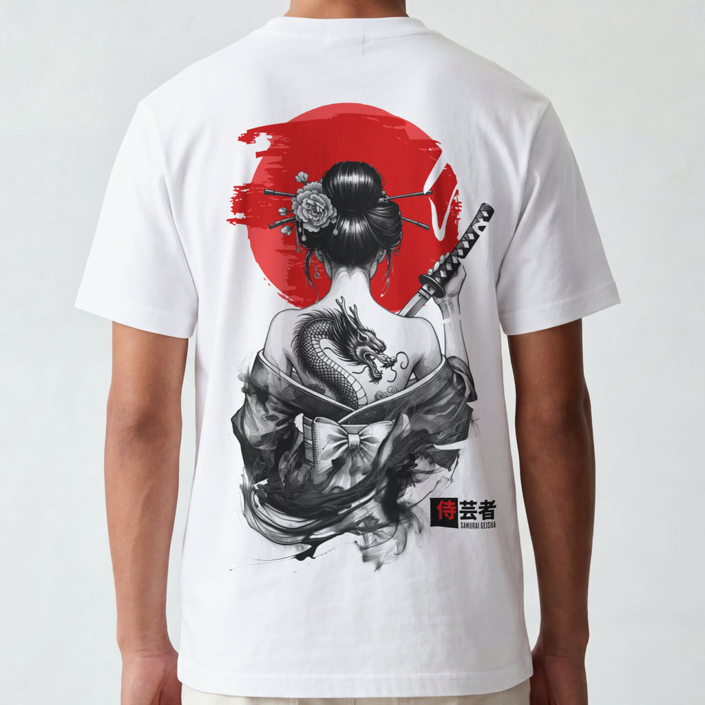Samurai Geisha back-print graphic t-shirt in white with red sun and dragon tattoo design