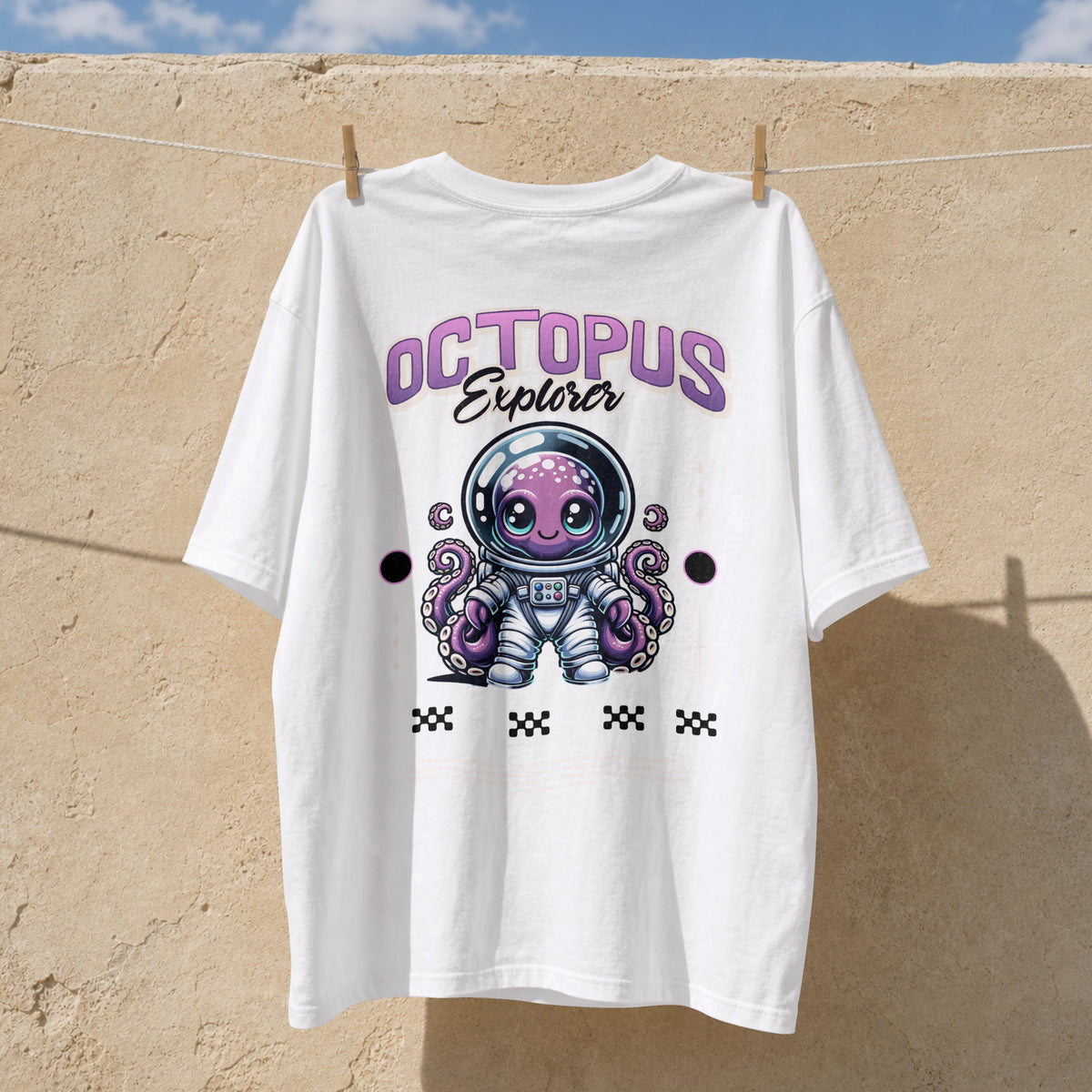 Octopus Explorer kawaii astronaut graphic t-shirt in white