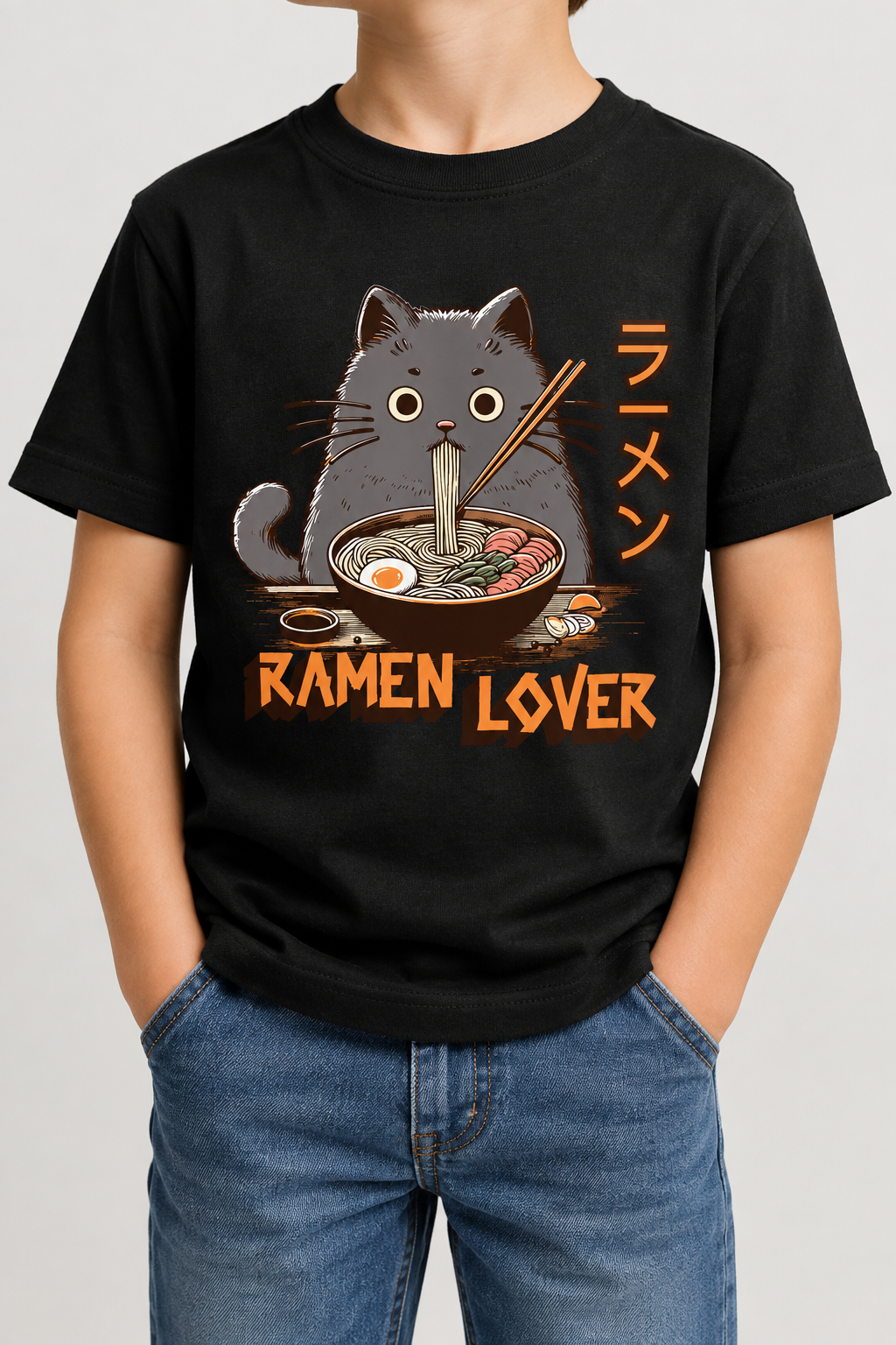 Ramen Lover Cat Kids Black Tee Mockup