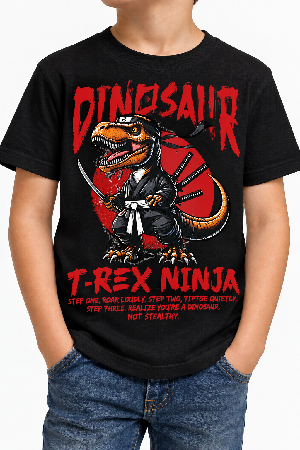 T-Rex Ninja Kids Black Tee Mockup