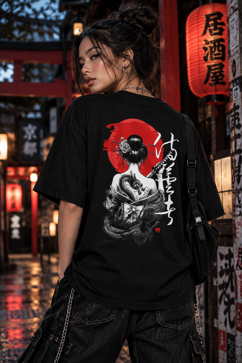 Woman wearing Samurai Geisha graphic tee lifestyle shot
